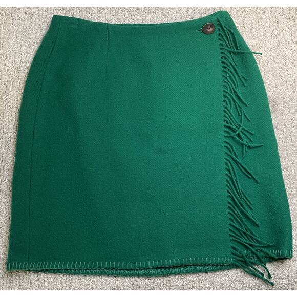 Ralph Lauren Country Green Wool Wrap Skirt 8 Fringe Faux Antler Button